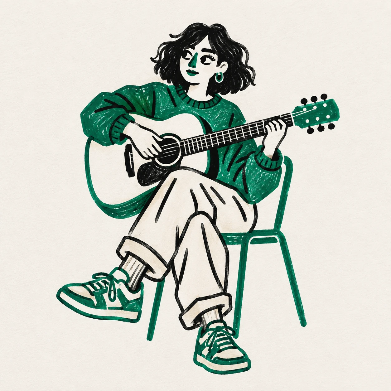 Illustrazione: una ragazza con maglione verde suona la chitarra seduta su una sedia