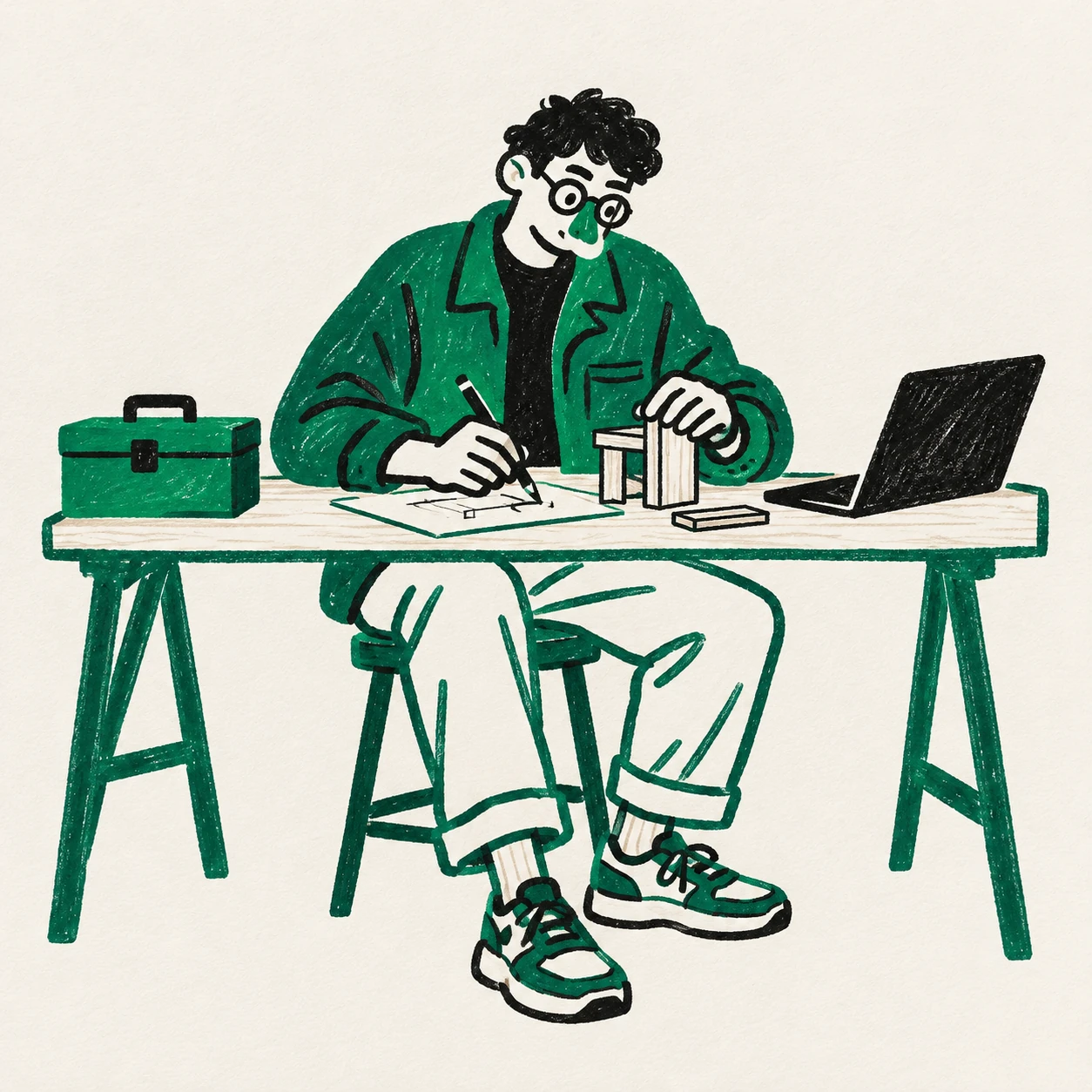 Illustrazione: un ragazzo al banco di lavoro disegna un progetto, tra cassetta degli attrezzi, pezzi di legno e laptop